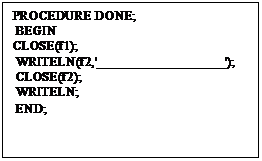 Подпись: PROCEDURE DONE;
 BEGIN
CLOSE(f1);
 WRITELN(f2,'___________________');
 CLOSE(f2);
 WRITELN;
 END;
