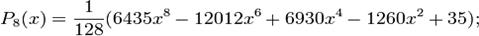 P_8(x)=\frac{1}{128}(6435x^8-12012x^6+6930x^4-1260x^2+35);