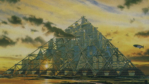 На этом рисунке представлен восьмислойный вариант пирамиды. Дирижабль и мост дают представление об её масштабе (иллюстрация BiniSystems).