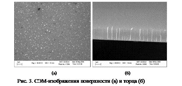 Подпись:    
(а)                                                               (б)
Рис. 3. СЭМ-изображения поверхности (а) и торца (б)
пластины кремния со сформированными одномерными дефектами

